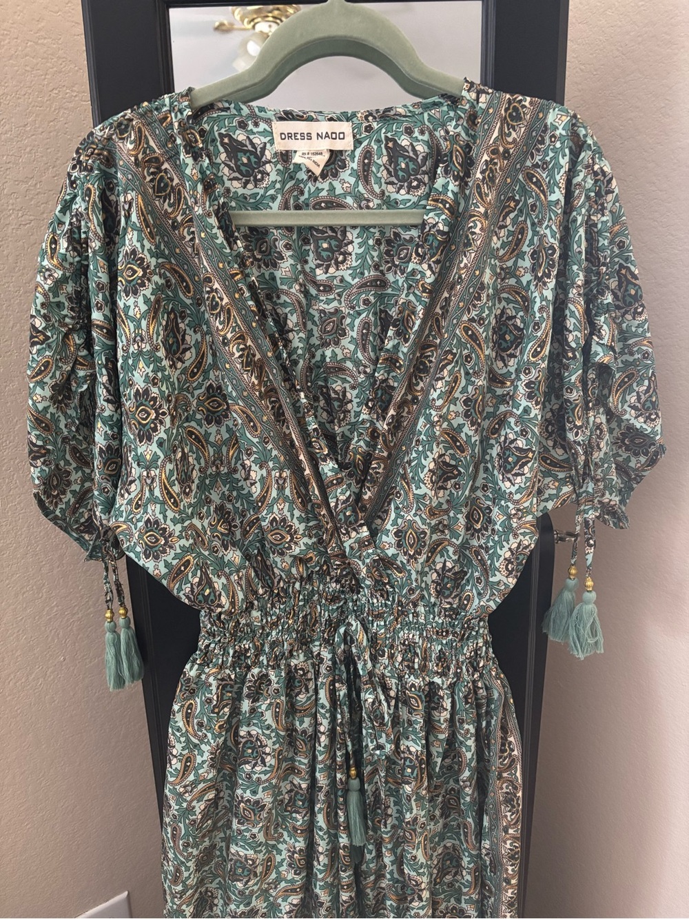 Teal Paisley V-Neck Smocked Bohemian Boho Dress